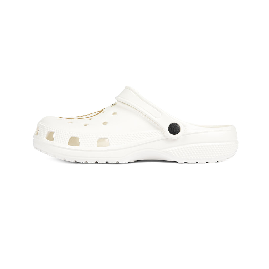 White EVA Foam Clogs with Gold Lone Wolf Logo – Lightweight Slip-On Garden Shoes