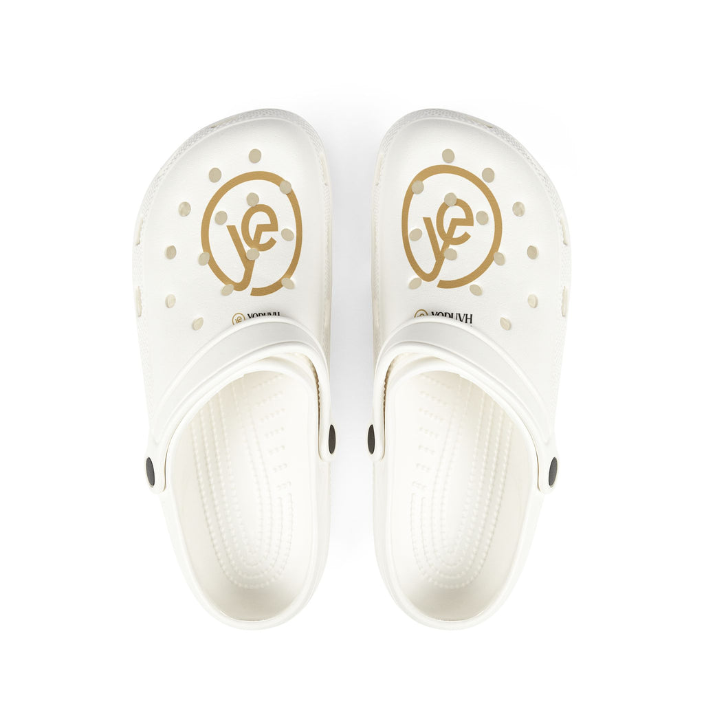 White EVA Foam Clogs with Gold Lone Wolf Logo – Lightweight Slip-On Garden Shoes