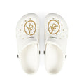 White EVA Foam Clogs with Gold Lone Wolf Logo – Lightweight Slip-On Garden Shoes