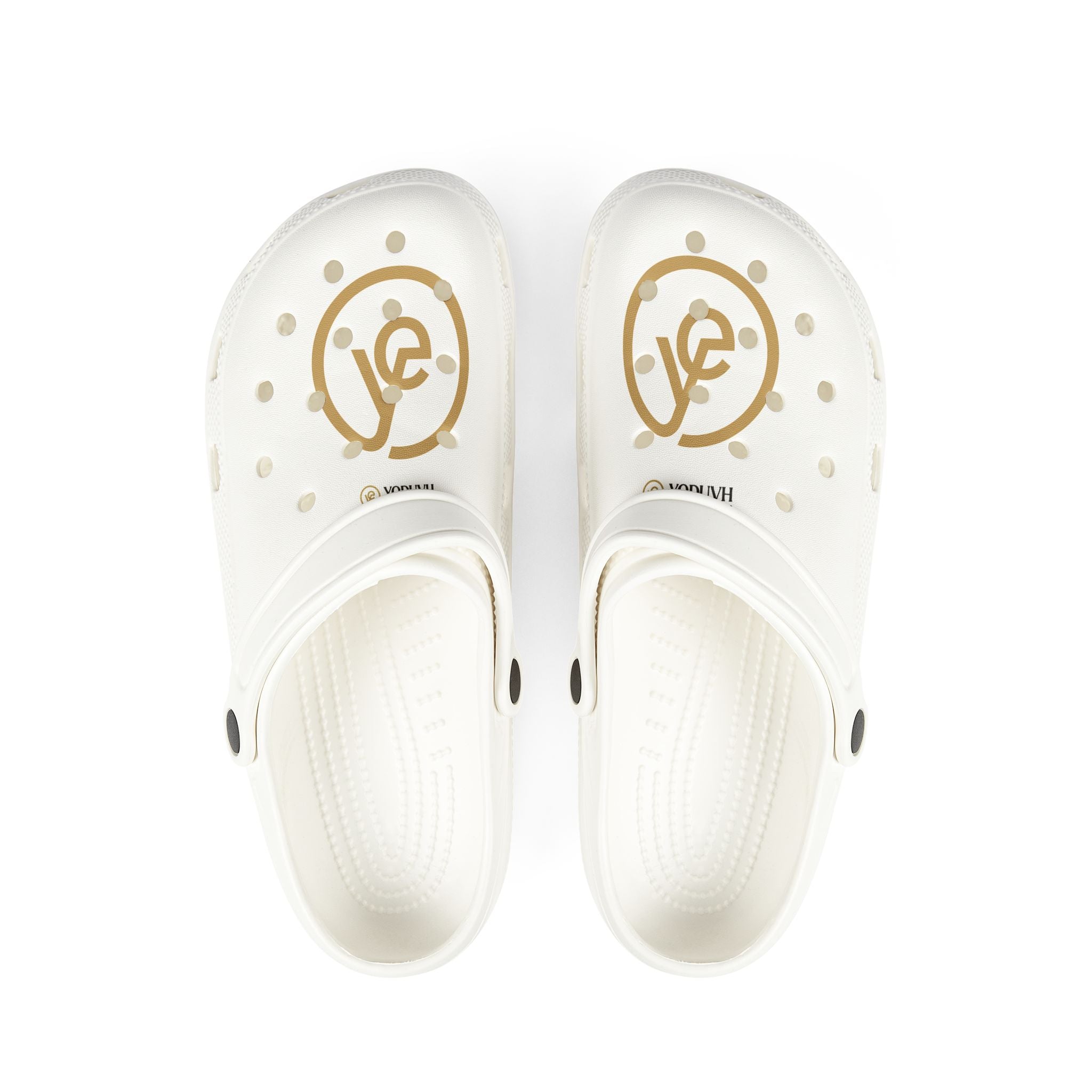 White EVA Foam Clogs with Gold Lone Wolf Logo – Lightweight Slip-On Garden Shoes