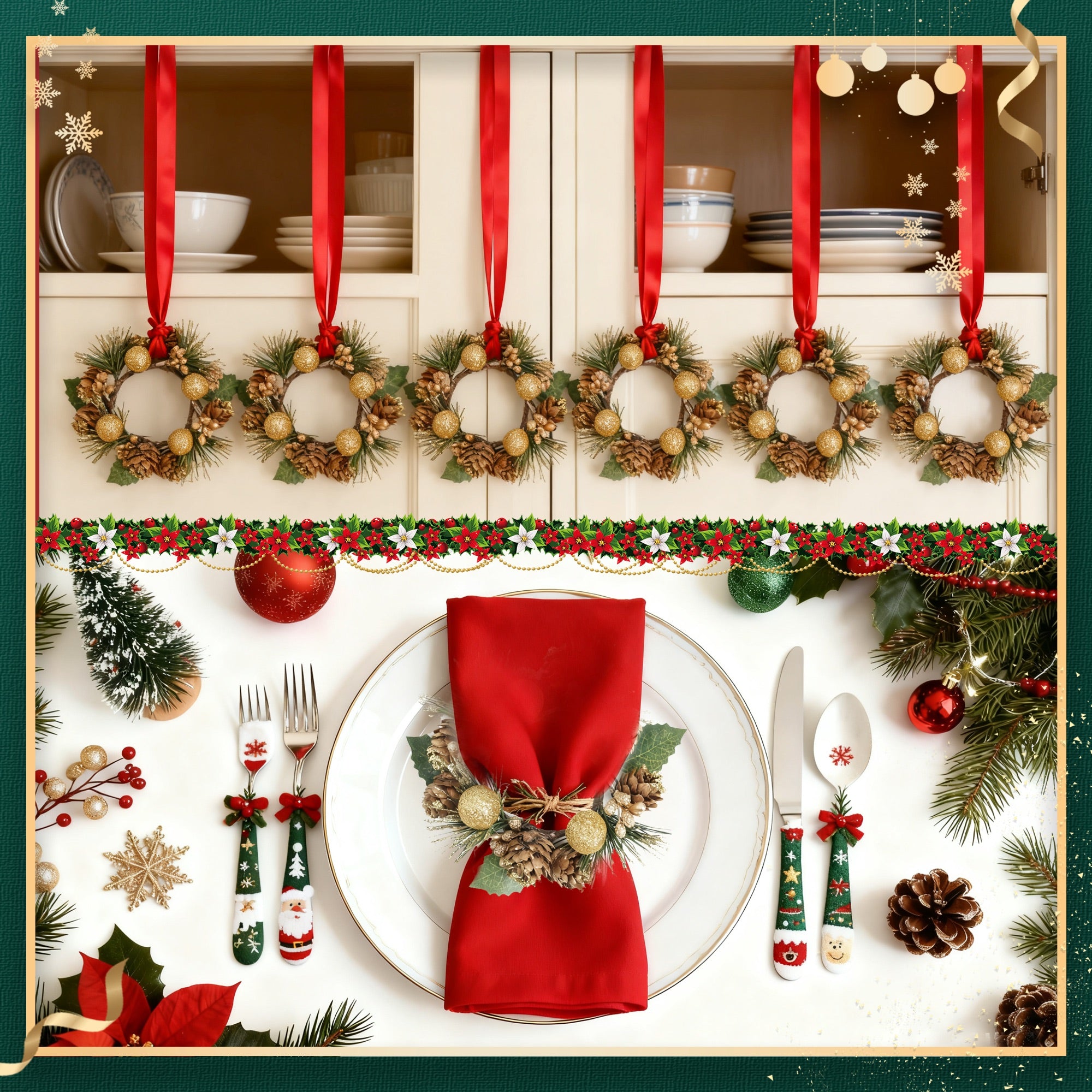 6-Pack LED Candles with Golden Berries & Pinecones Christmas Candle Rings for Table Front Door Cabinet Window in Glass Cup