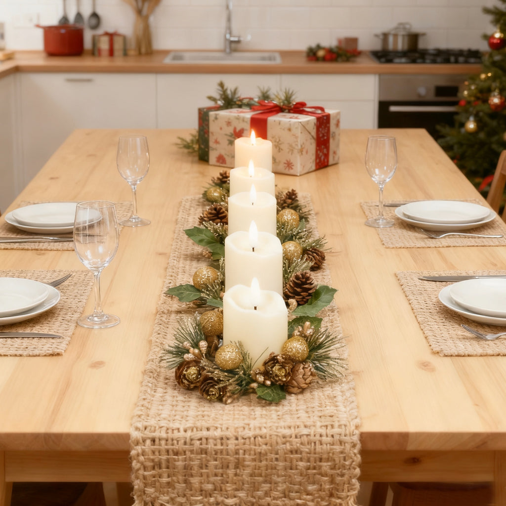 6-Pack LED Candles with Golden Berries & Pinecones Christmas Candle Rings for Table Front Door Cabinet Window in Glass Cup