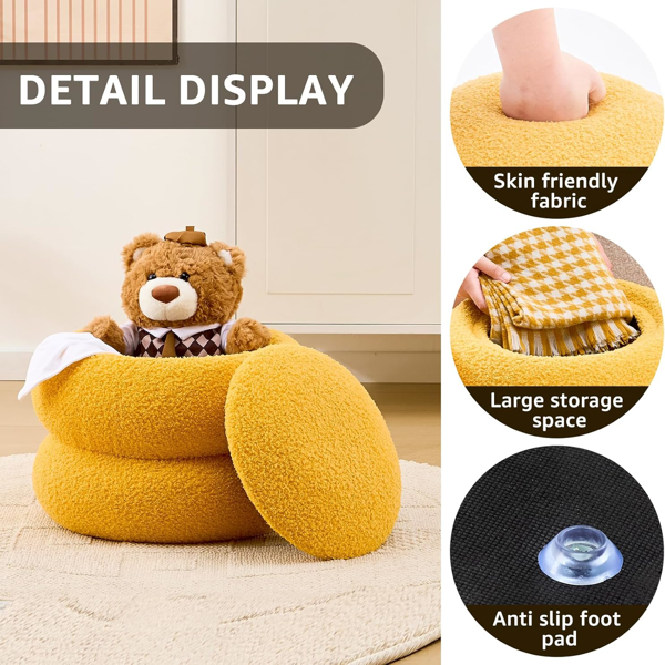 Round Velvet Storage Ottoman with Tray, Macaron-Shaped Footrest & Side Table for Living Room, Bedroom & Hallway Decor - Yellow