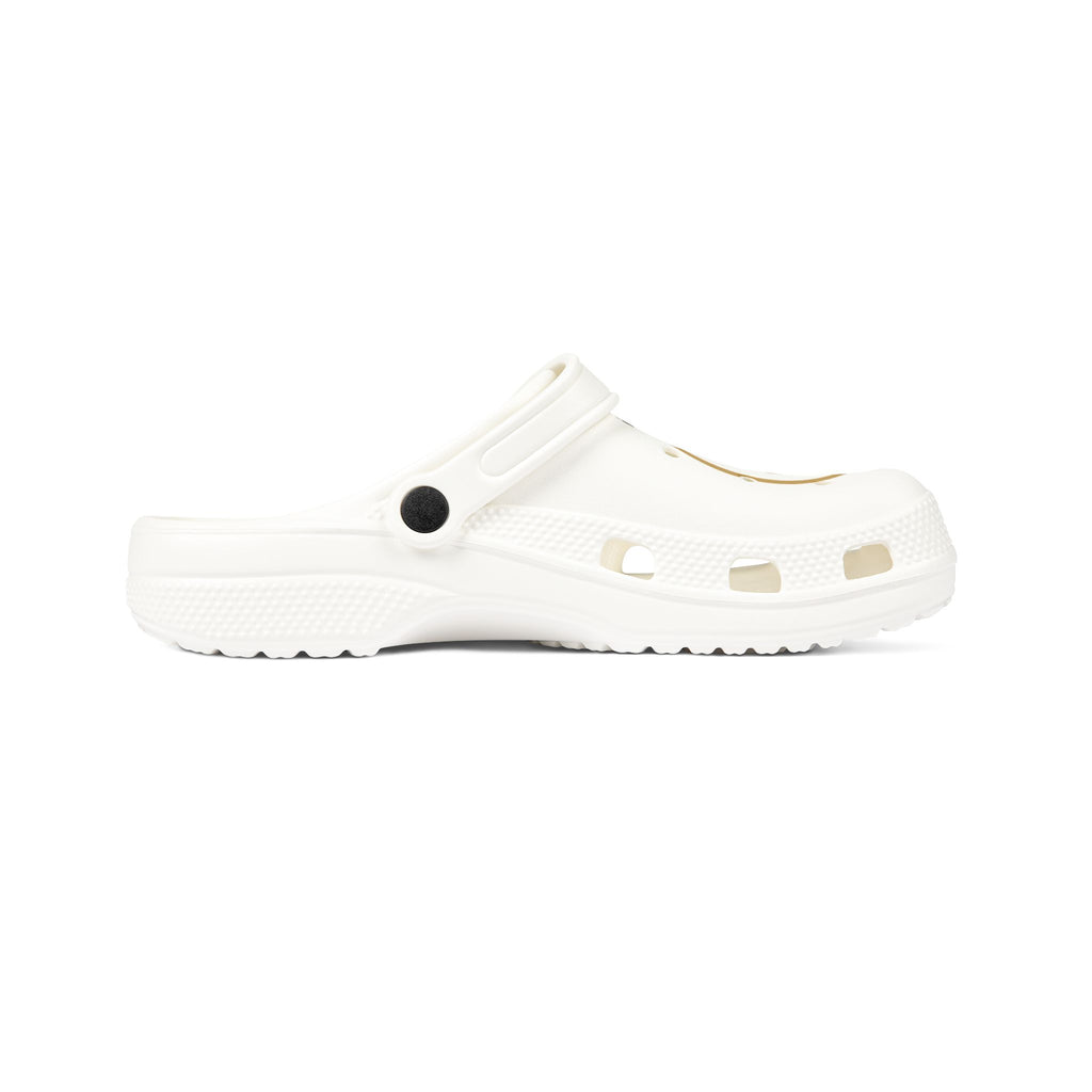 White EVA Foam Clogs with Gold Lone Wolf Logo – Lightweight Slip-On Garden Shoes