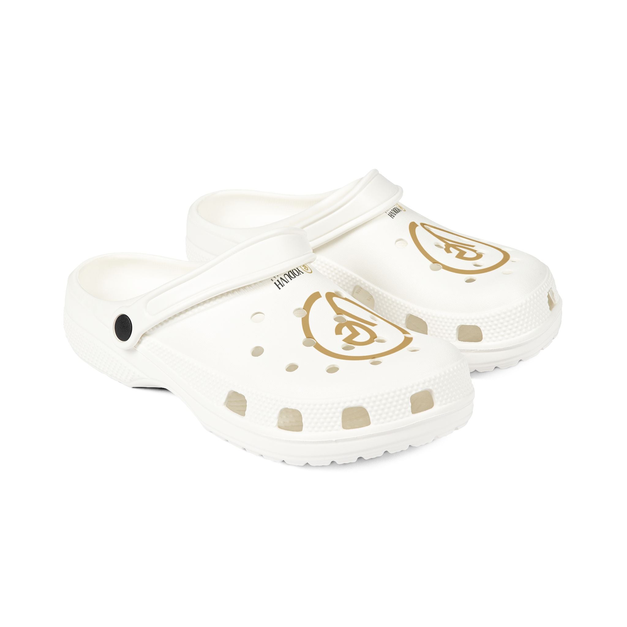 White EVA Foam Clogs with Gold Lone Wolf Logo – Lightweight Slip-On Garden Shoes