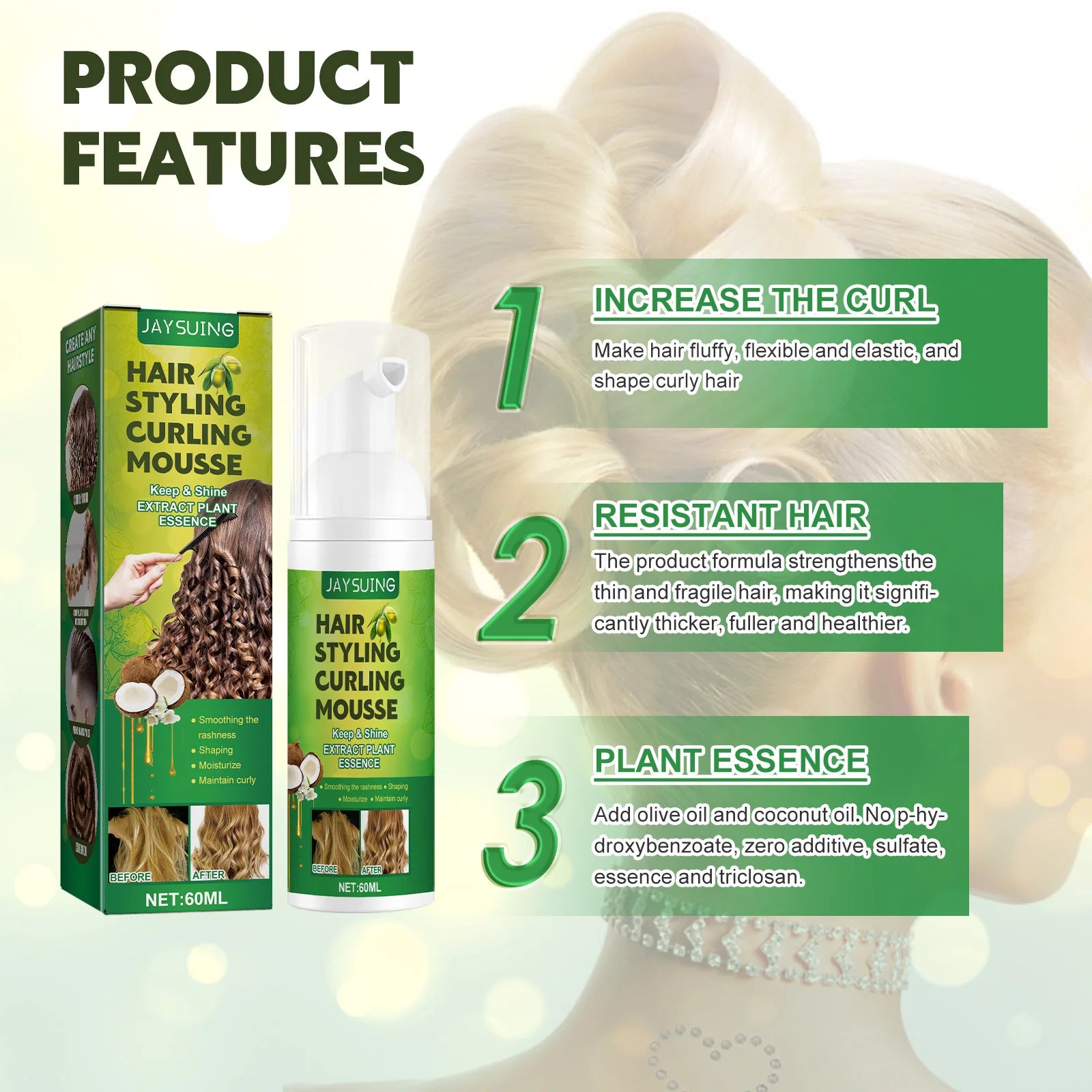 Jayusing Fluffy Curly Hair Styling Mousse Hydrating Moisturizing Care Anti-frizz Elastic Foam Style Intense Curl Defining Spray