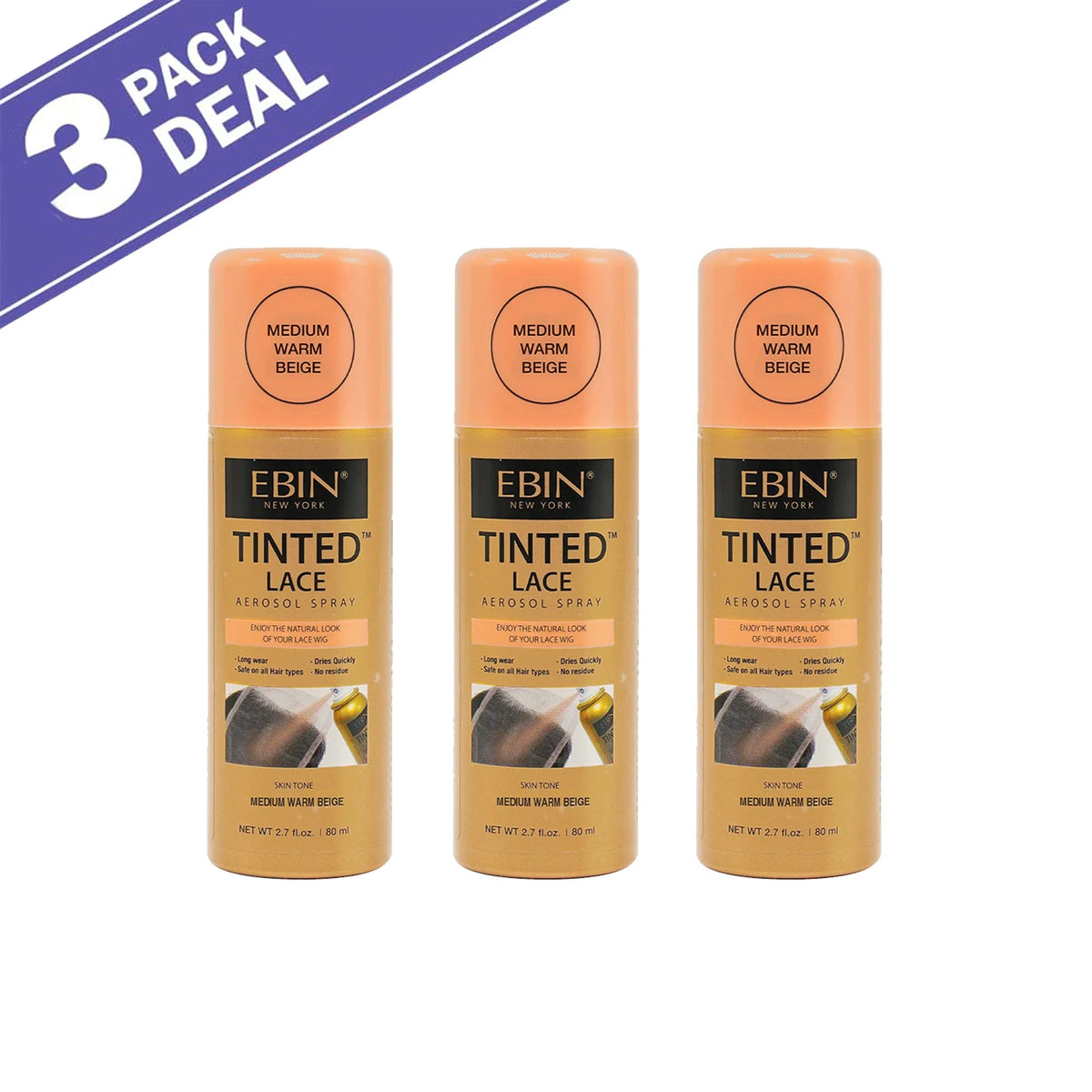 Ebin New York Tinted Lace Aerosol Spray 2.7oz/ 80ml - Quick Dry, Natural Tint, Ideal for Seamless Lace Blending