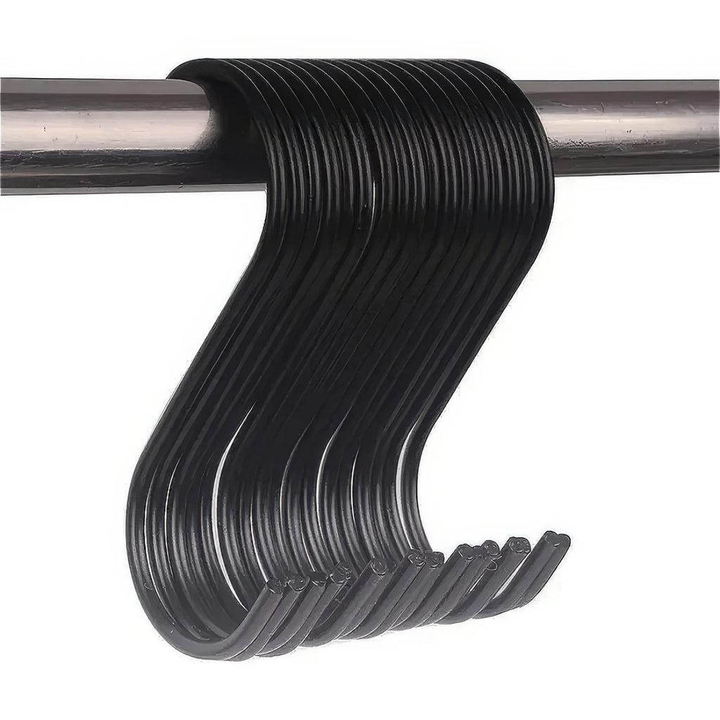 10 Black S-shaped Hooks, Easy To Install, Non Slip and Durable, Suitable for Kitchen, Bathroom, Wardrobe and Garage Storage
