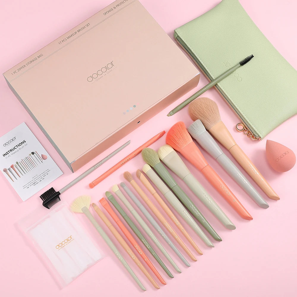 Docolor 17Pcs Makeup Brushes Set Eye Shadow Blush Powder Blending Foundation Cosmetic Brush  With Makeup Sponges And Bag
