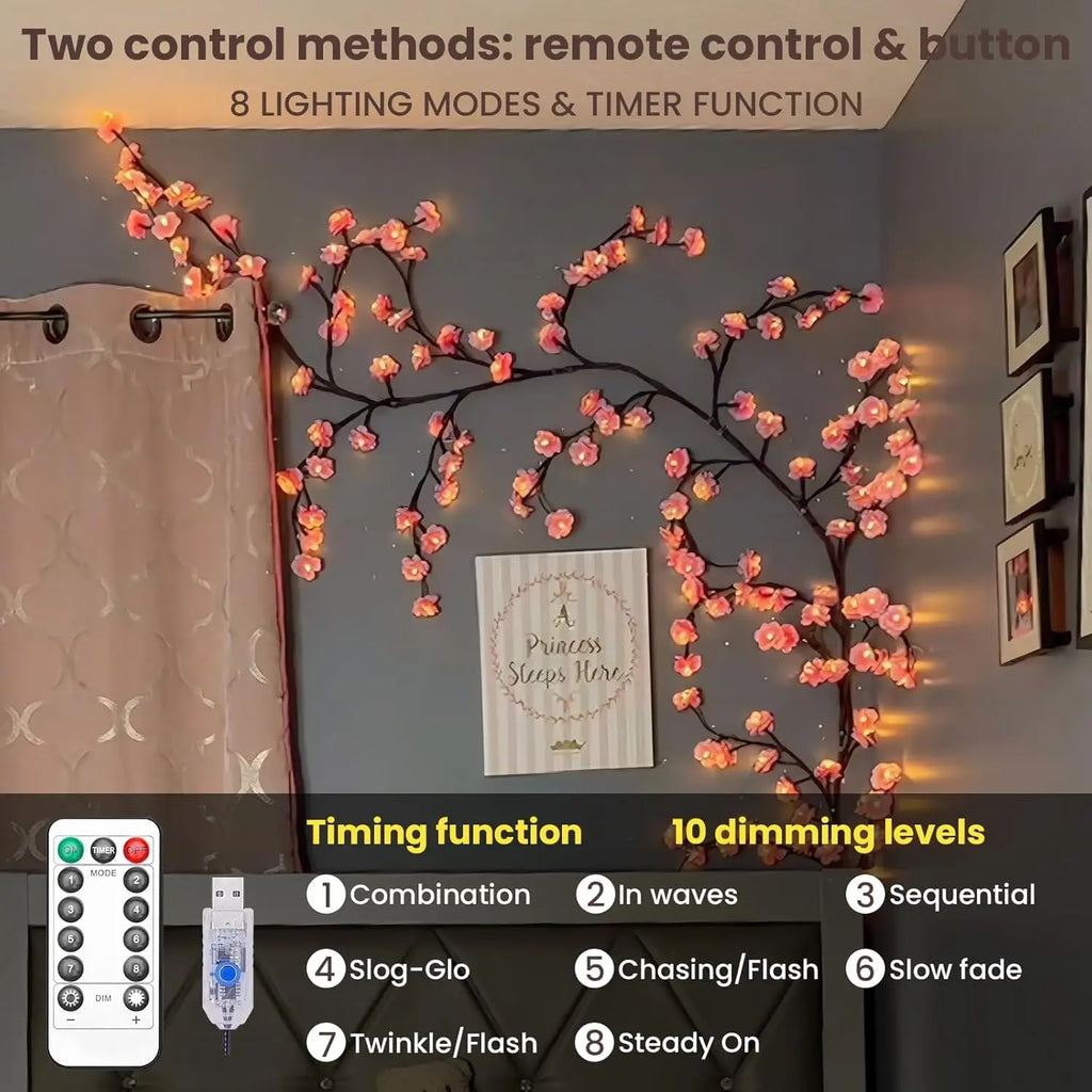 Cherry Blossom 96 Led USB Tree Branch Rattan Lights 8 Modes Colorful String Lamp Valentine Christmas Wedding Bedroom Decoration