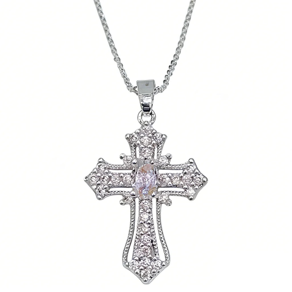 1-piece vintage cross necklace, exquisite and unique pendant clavicle chain, white and silver women's fashion jewelry, suitable