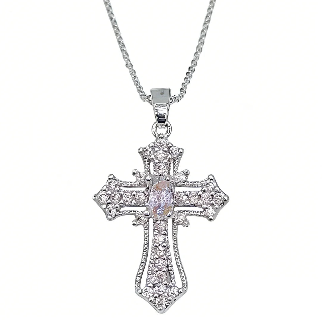 1-piece vintage cross necklace, exquisite and unique pendant clavicle chain, white and silver women's fashion jewelry, suitable
