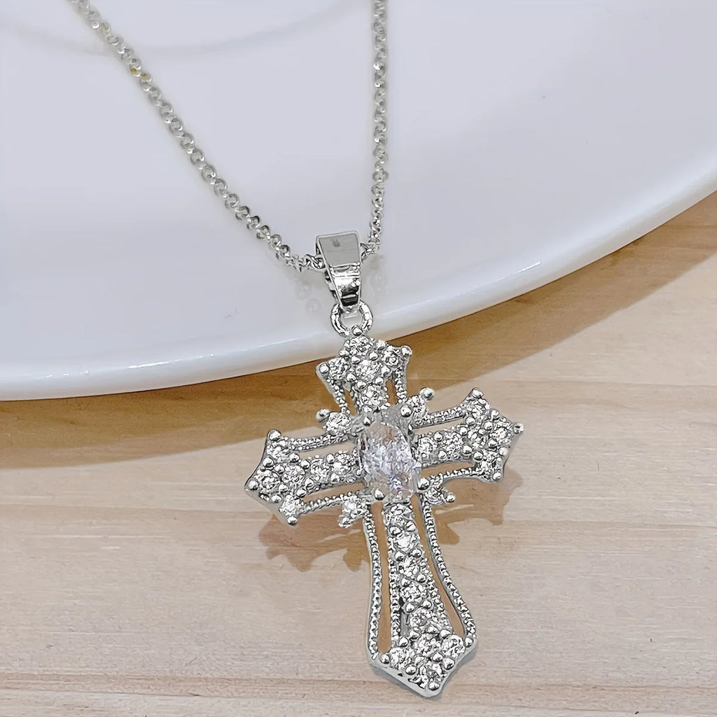 1-piece vintage cross necklace, exquisite and unique pendant clavicle chain, white and silver women's fashion jewelry, suitable