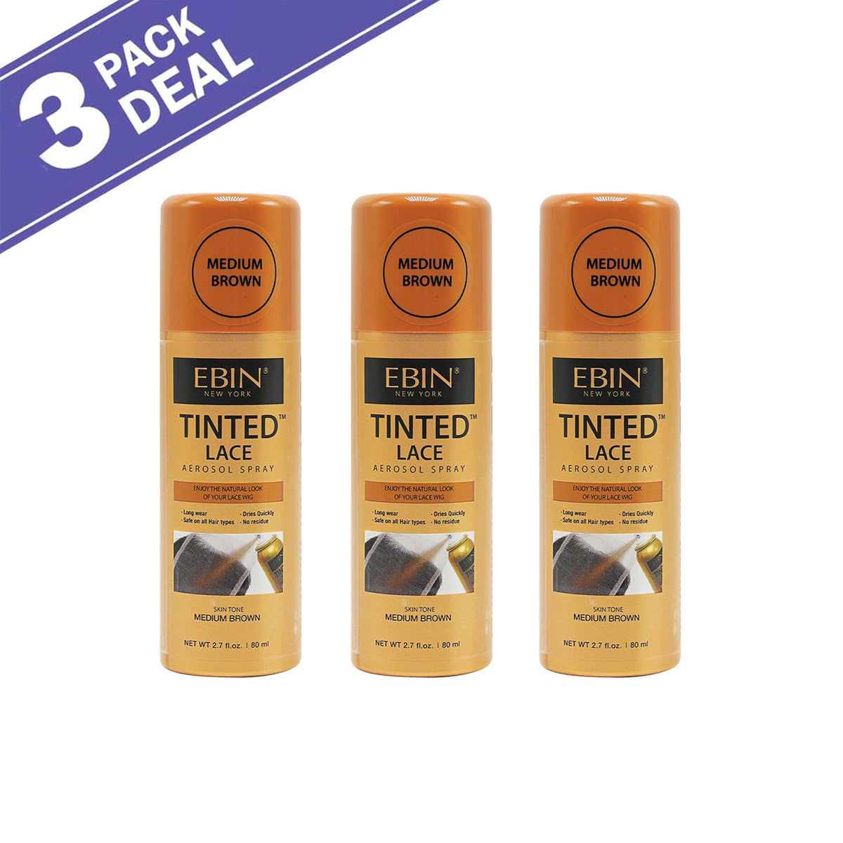 Ebin New York Tinted Lace Aerosol Spray 2.7oz/ 80ml - Quick Dry, Natural Tint, Ideal for Seamless Lace Blending