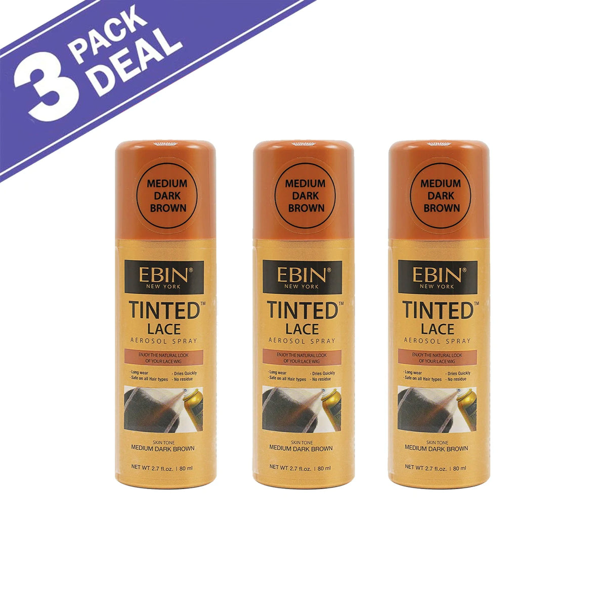 Ebin New York Tinted Lace Aerosol Spray 2.7oz/ 80ml - Quick Dry, Natural Tint, Ideal for Seamless Lace Blending
