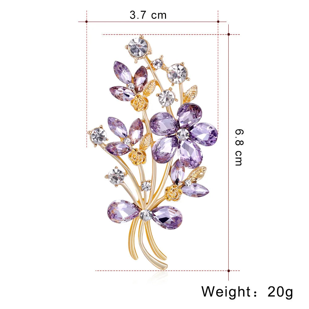 Single-piece colorful floral corsage, alloy electroplated rhinestone glass bouquet brooch, elegant jewelry, suitable for everyda