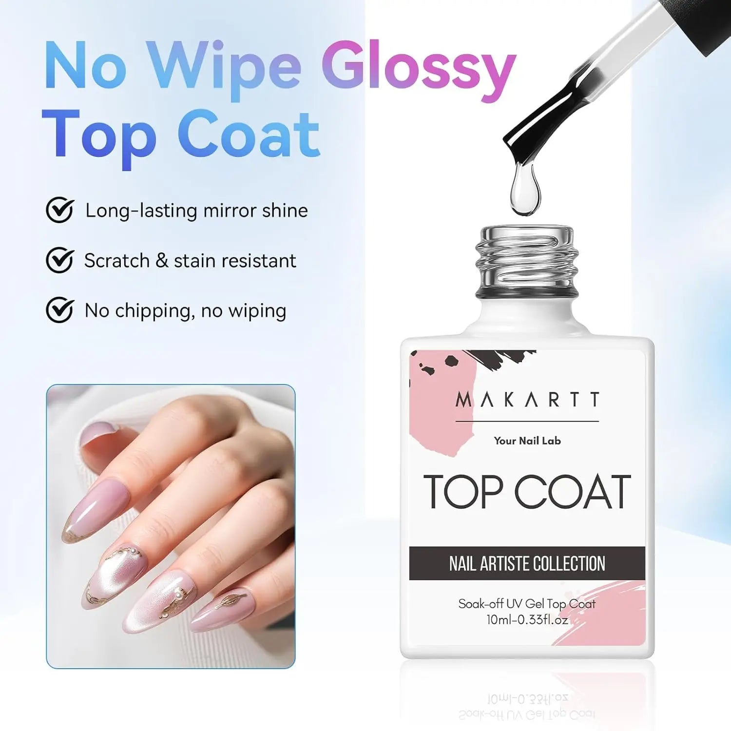 Makartt Gel Top Coat - 2PCS No Wipe Top Coat Gel Nail Polish High Glossy Shine Finish Long Lasting, 10ML Clear Soak Off UV/LED