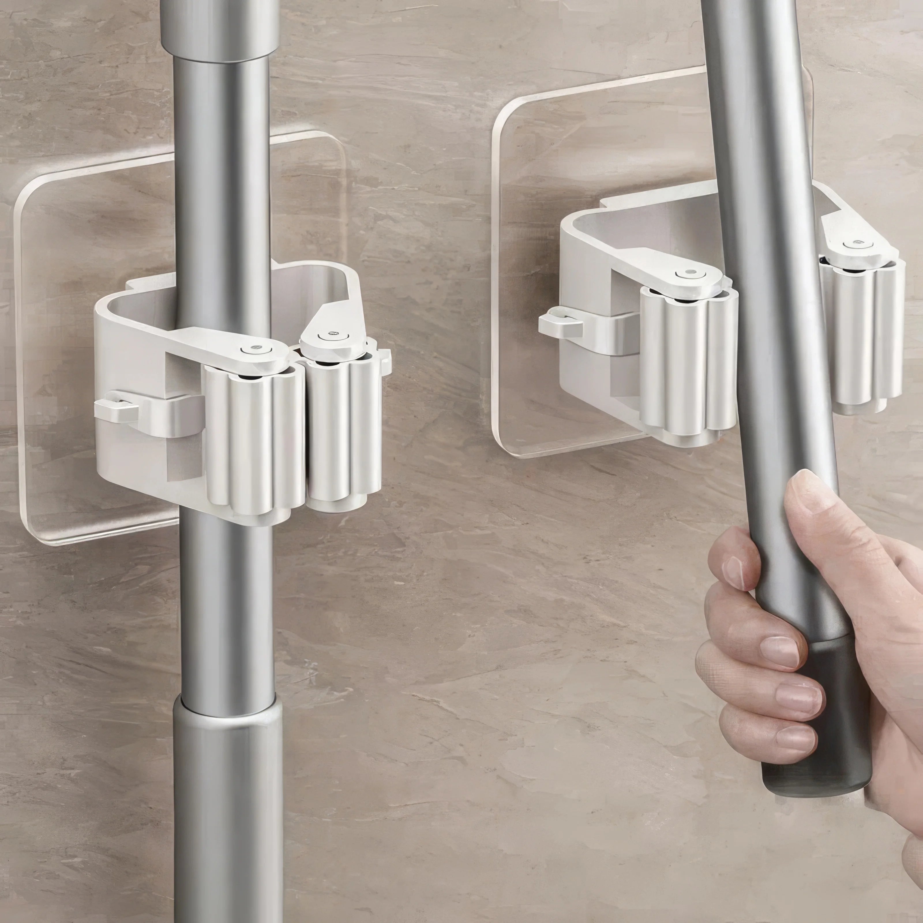 4-piece Mop Holder Without Drilling, Adhesive Installation, Practical Hook, Suitable for Wall Mounting in Bathrooms and Toilets