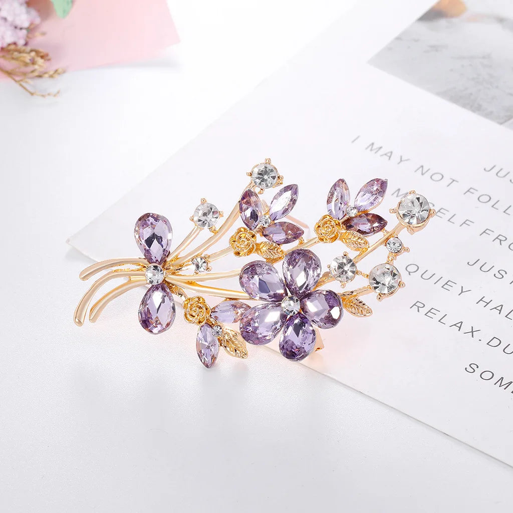 Single-piece colorful floral corsage, alloy electroplated rhinestone glass bouquet brooch, elegant jewelry, suitable for everyda