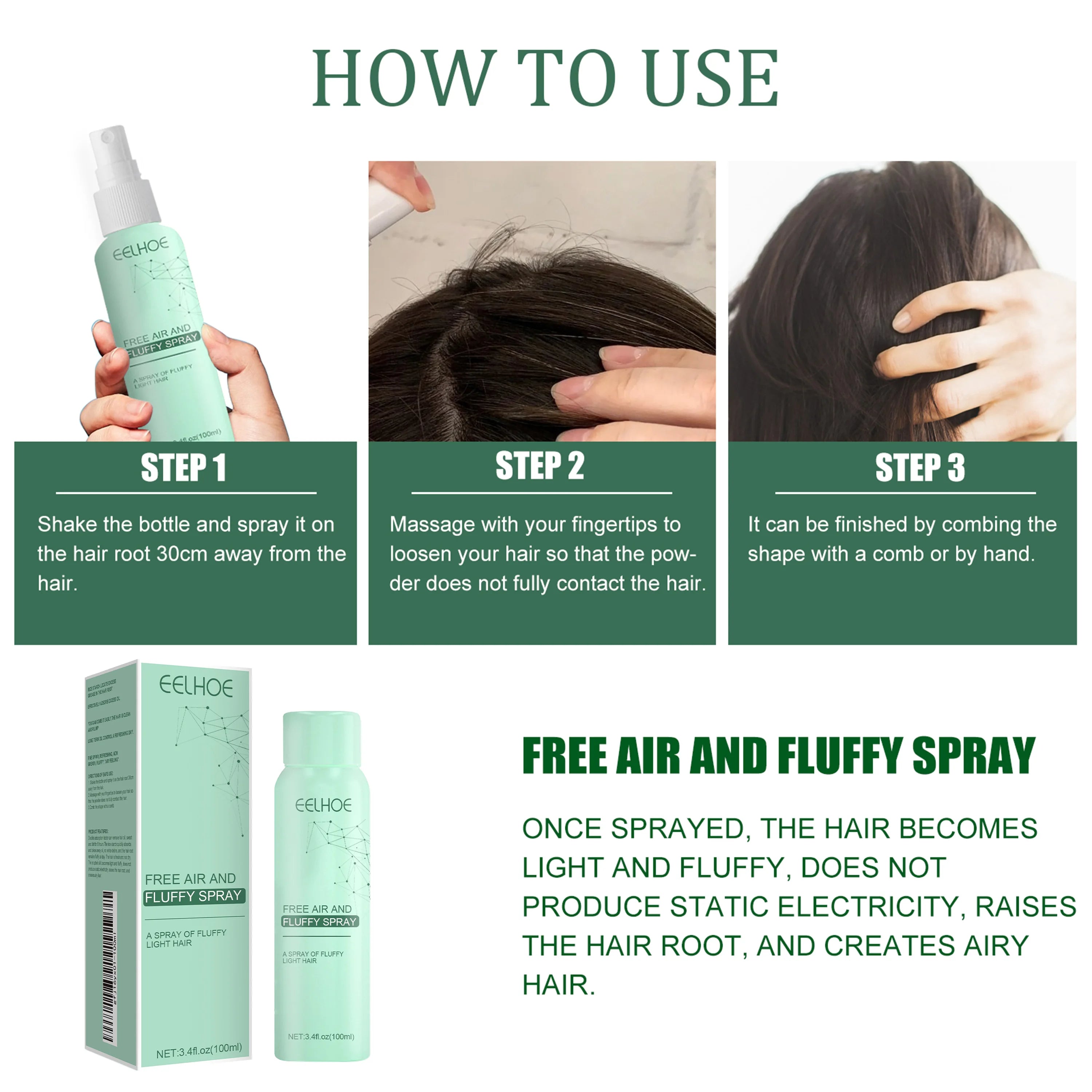 EELHOE No-wash Hair Fluffy Spray Hair Refreshing Spray Oil Control Quick-Drying Thickening Non-greasy Volumizing Hair Dry Spray