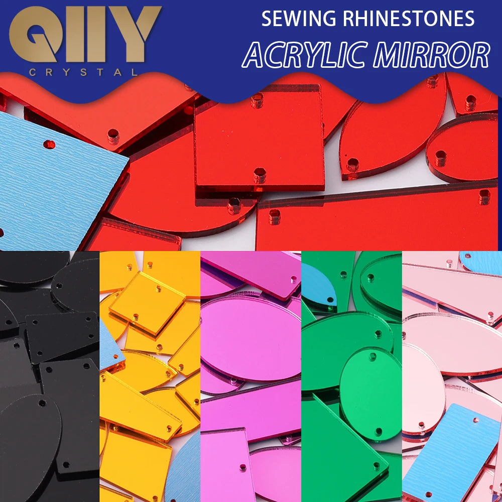 QIIY 50Pcs Mix Size Acrylic Mirror Sewing Rhinestones Sew On Flatback Sewn Stones For DIY Crafts Clothe Garment Dress Decoration