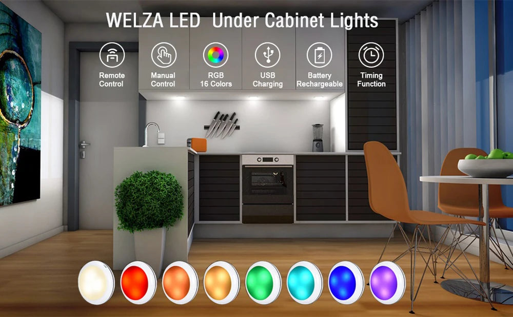 USB Rechargable RGBW LED Cabinet Light Puck Lamp 16 Colors Timmer Remote Under Shelf Kitchen Counter Lighting