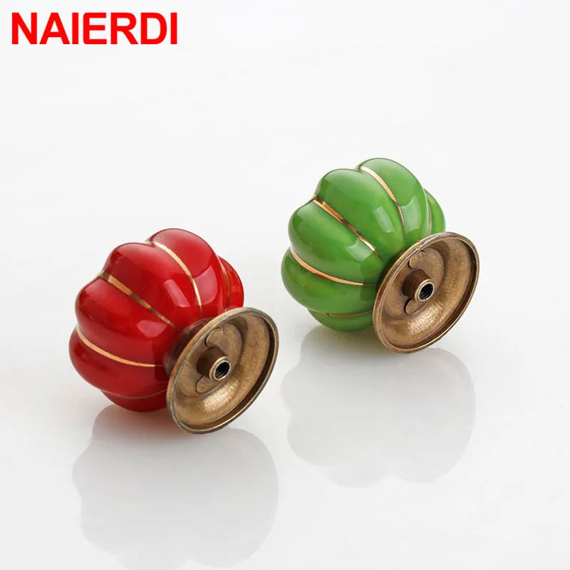 NAIERDI 40mm Pumpkin Ceramic Handles Drawer Knobs Cupboard Door Handles Single Hole Cabinet Handles with screws Furniture Handle