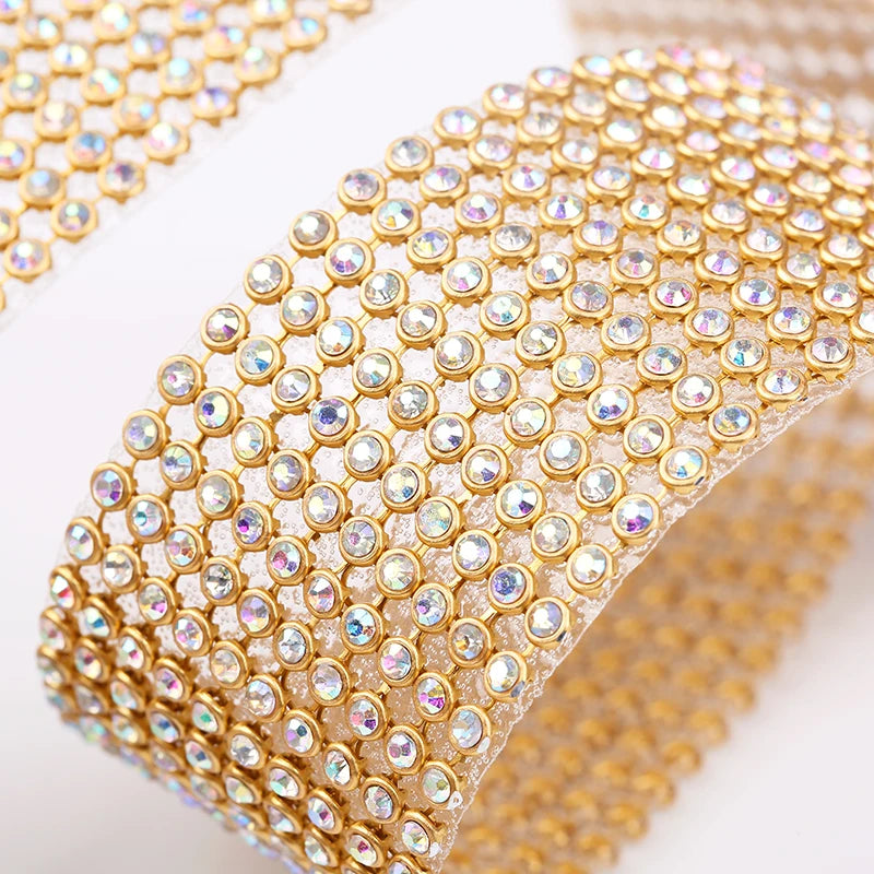 10rows Clear Crystal AB Rhinestone Trim Gold Crystal Hotfix Tape Glass Ribbon Rhinestone Decoration Iron on Garment Accessories