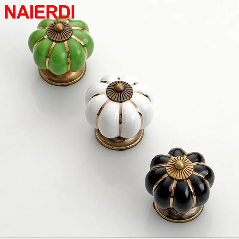 NAIERDI 40mm Pumpkin Ceramic Handles Drawer Knobs Cupboard Door Handles Single Hole Cabinet Handles with screws Furniture Handle