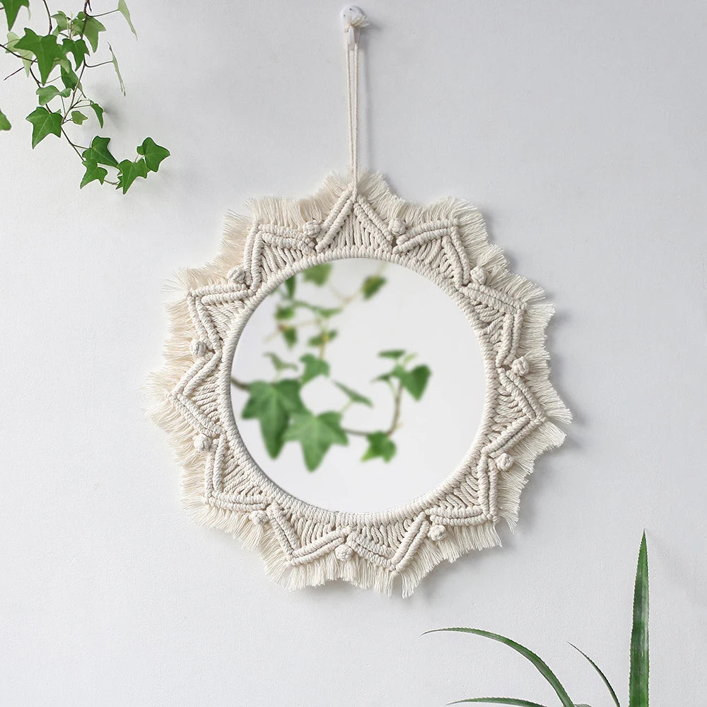Macrame Decorative Wall Mirror  Boho Home Decor Makeup Aesthetic Mirrors Living Room Bedroom Christmas Wedding Decoration Gift