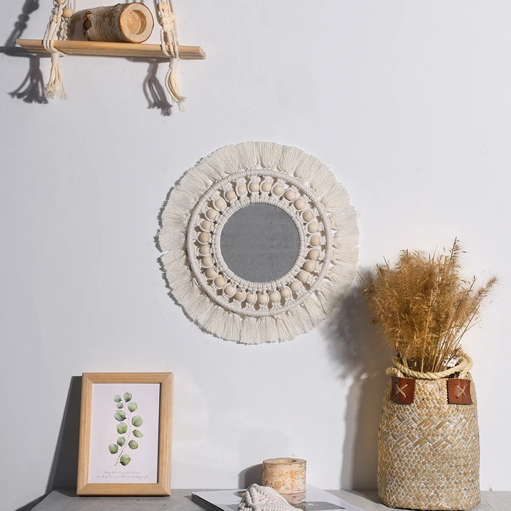 Macrame Decorative Wall Mirror  Boho Home Decor Makeup Aesthetic Mirrors Living Room Bedroom Christmas Wedding Decoration Gift