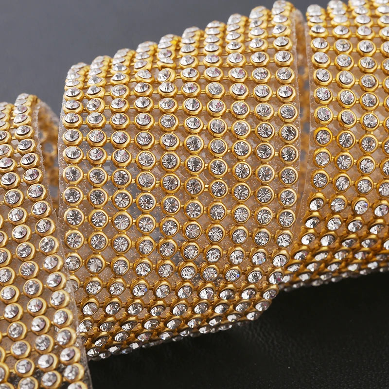 10rows Clear Crystal AB Rhinestone Trim Gold Crystal Hotfix Tape Glass Ribbon Rhinestone Decoration Iron on Garment Accessories