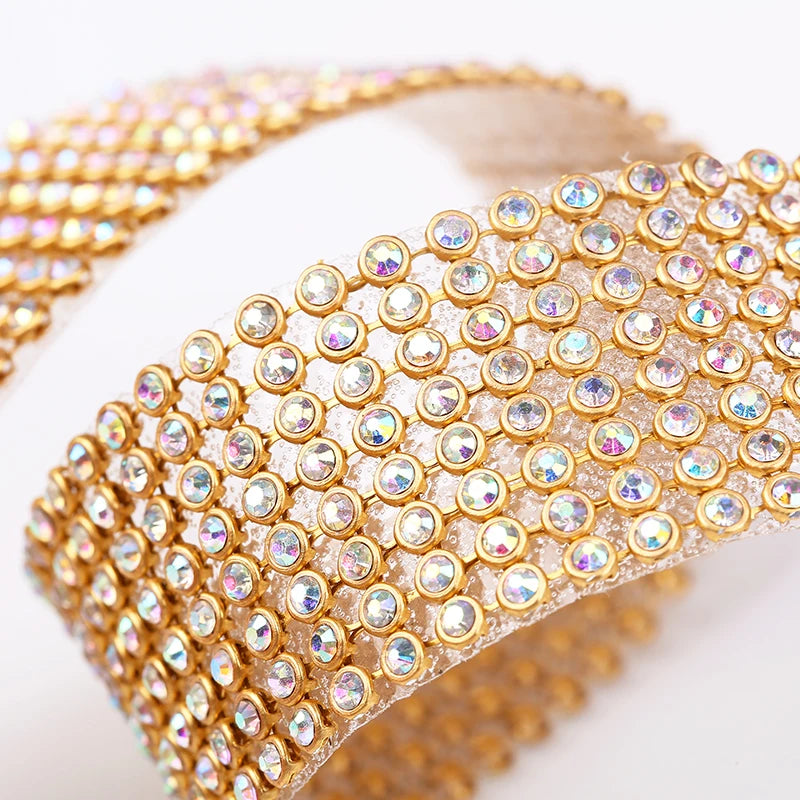 10rows Clear Crystal AB Rhinestone Trim Gold Crystal Hotfix Tape Glass Ribbon Rhinestone Decoration Iron on Garment Accessories