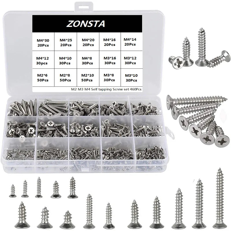 M2 M3 M4 460Pcs Countersunk Flat Head Tapping Screws Set 304 stainless steel Small Cross Recessed Wood screw Assortment kit