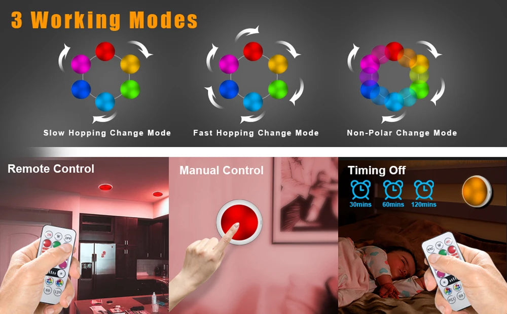 USB Rechargable RGBW LED Cabinet Light Puck Lamp 16 Colors Timmer Remote Under Shelf Kitchen Counter Lighting