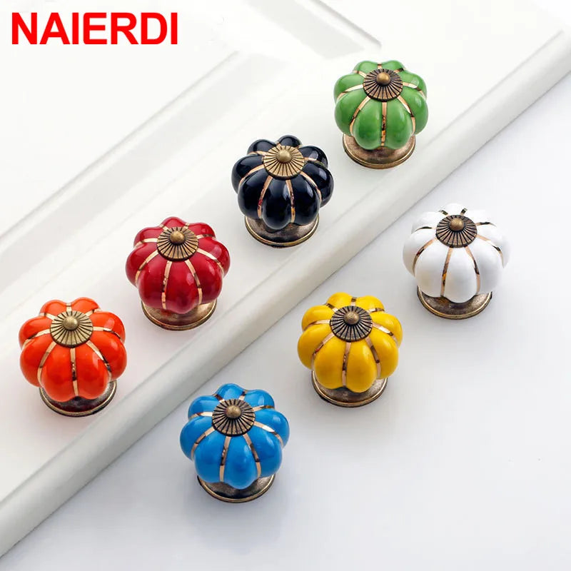 NAIERDI 40mm Pumpkin Ceramic Handles Drawer Knobs Cupboard Door Handles Single Hole Cabinet Handles with screws Furniture Handle