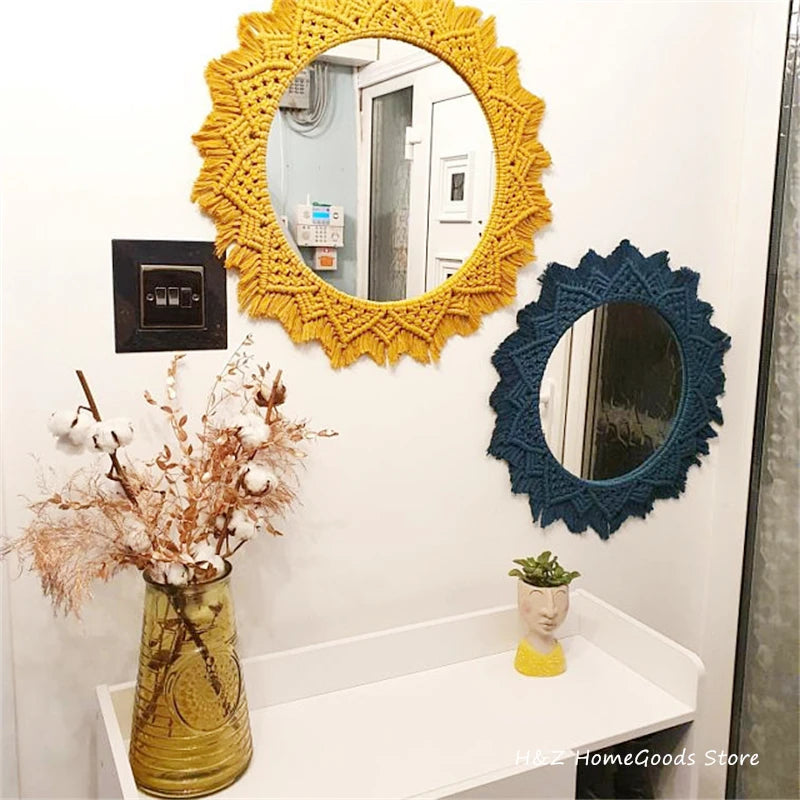 Bohemia Macrame Handmade Makeup Decorative Mirror Wall Tapestry For Bedroom Livingroom Bathroom Home Decor  Shower Round Mirrors