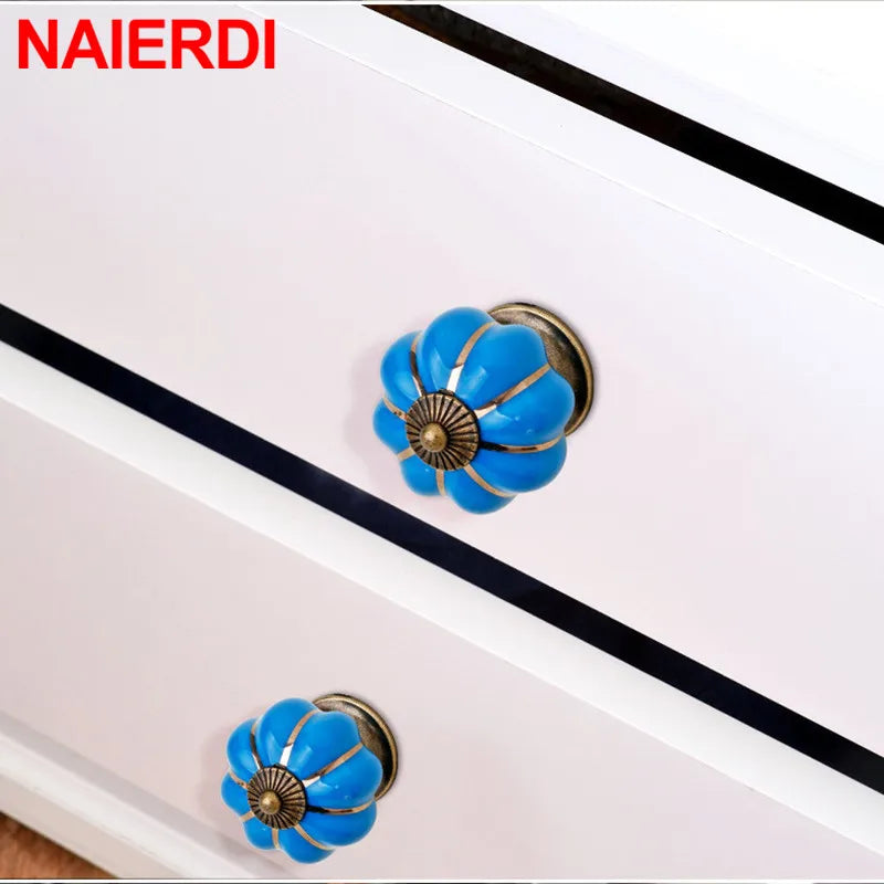 NAIERDI 40mm Pumpkin Ceramic Handles Drawer Knobs Cupboard Door Handles Single Hole Cabinet Handles with screws Furniture Handle