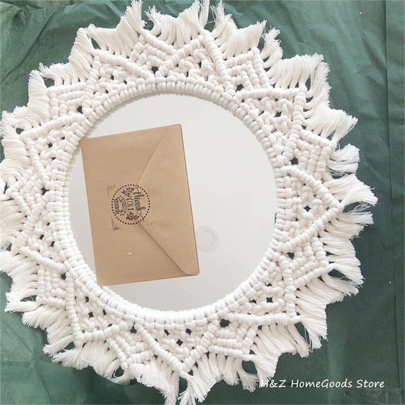 Bohemia Macrame Handmade Makeup Decorative Mirror Wall Tapestry For Bedroom Livingroom Bathroom Home Decor  Shower Round Mirrors