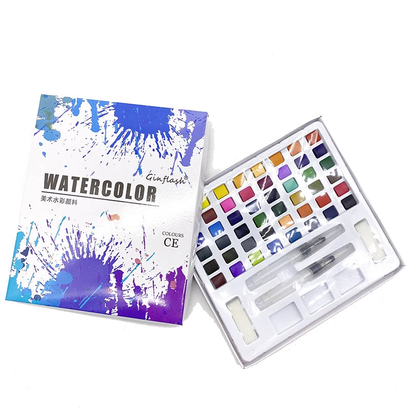 50/90 Color Solid Watercolor Paint Set Glitter Portable Metal Box Watercolor Pigment squirrel hair brush nail art