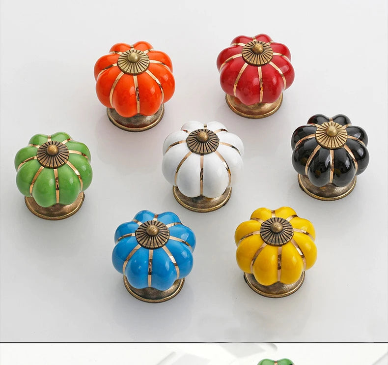 NAIERDI 40mm Pumpkin Ceramic Handles Drawer Knobs Cupboard Door Handles Single Hole Cabinet Handles with screws Furniture Handle