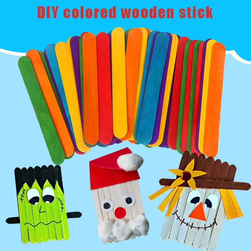 50Pcs Wooden Popsicle Sticks Natural Wood Ice Cream Sticks Creative Kids puzzle DIY Hand Crafts Building Blocks Accessories