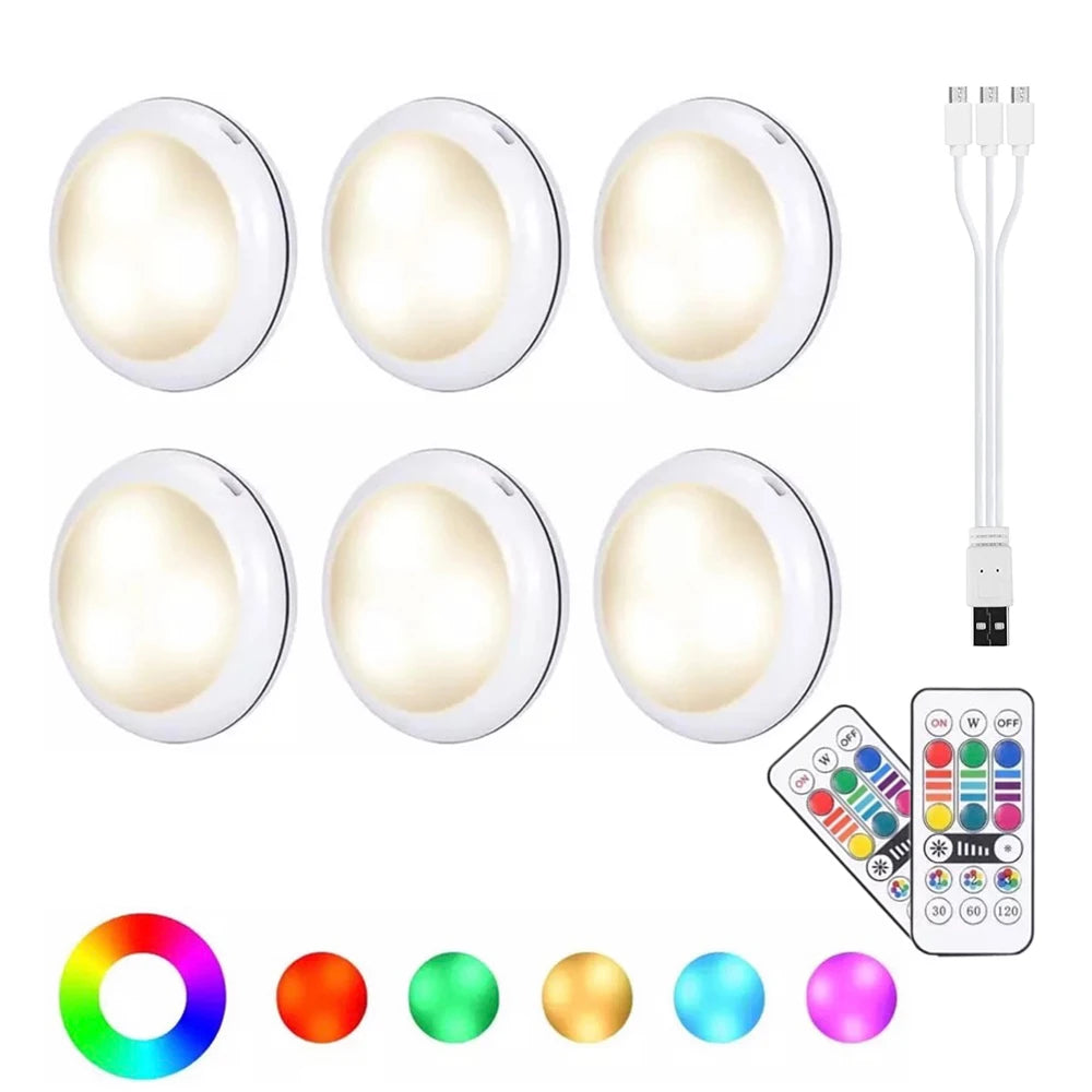 USB Rechargable RGBW LED Cabinet Light Puck Lamp 16 Colors Timmer Remote Under Shelf Kitchen Counter Lighting