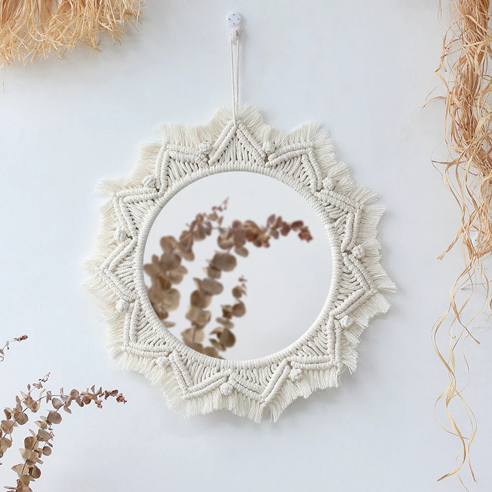 Macrame Decorative Wall Mirror  Boho Home Decor Makeup Aesthetic Mirrors Living Room Bedroom Christmas Wedding Decoration Gift