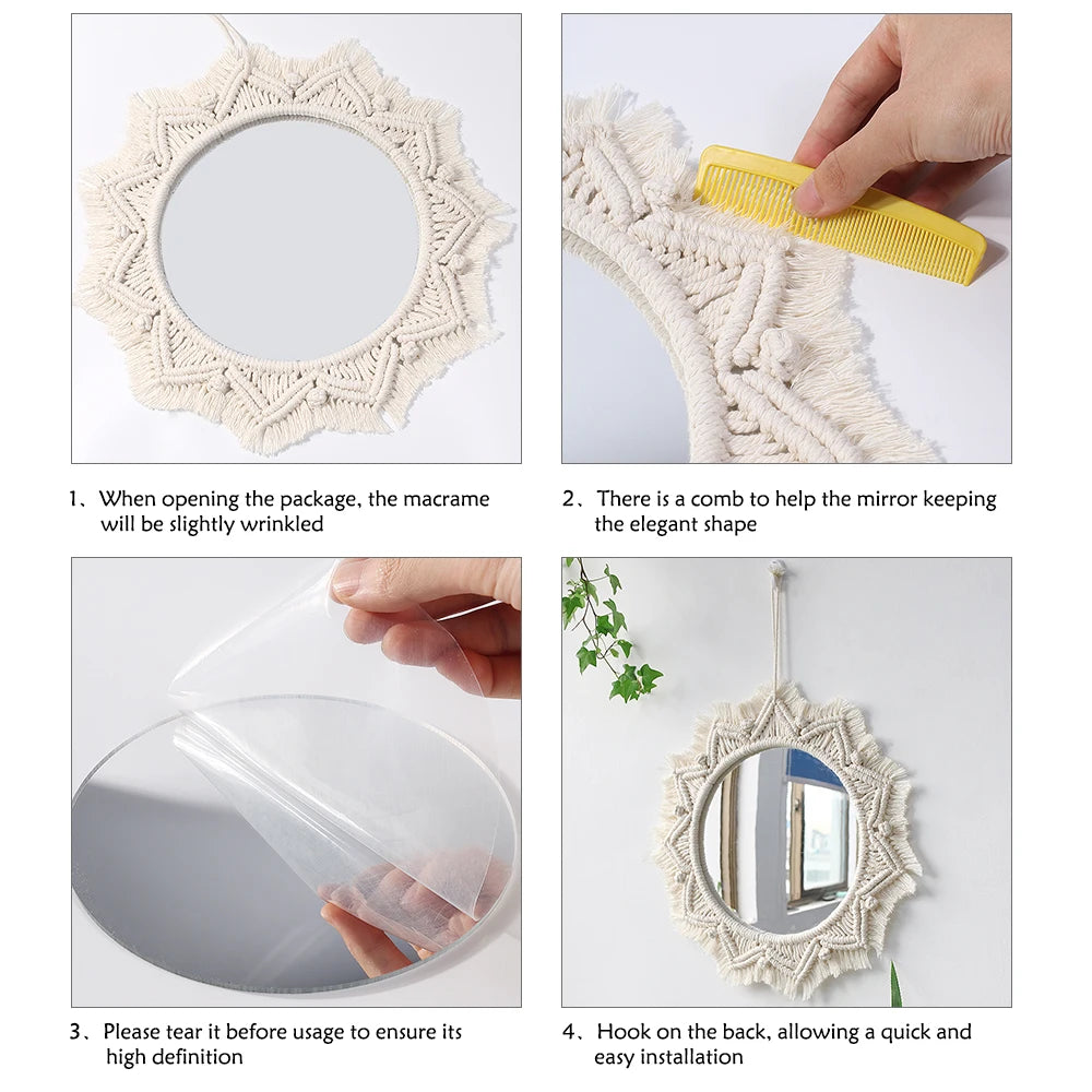 Macrame Decorative Wall Mirror  Boho Home Decor Makeup Aesthetic Mirrors Living Room Bedroom Christmas Wedding Decoration Gift