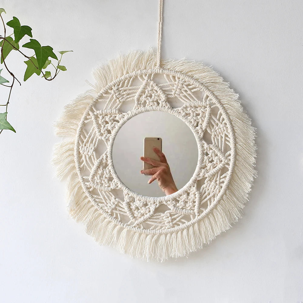 Macrame Decorative Wall Mirror  Boho Home Decor Makeup Aesthetic Mirrors Living Room Bedroom Christmas Wedding Decoration Gift