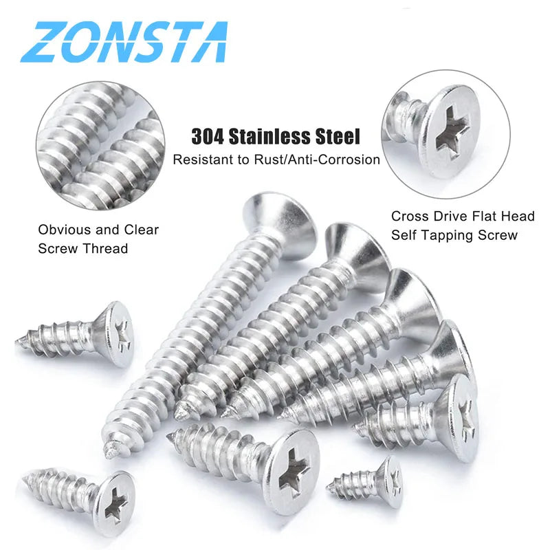 M2 M3 M4 460Pcs Countersunk Flat Head Tapping Screws Set 304 stainless steel Small Cross Recessed Wood screw Assortment kit