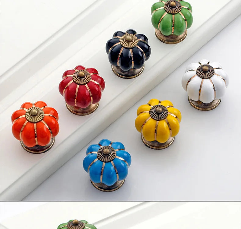 NAIERDI 40mm Pumpkin Ceramic Handles Drawer Knobs Cupboard Door Handles Single Hole Cabinet Handles with screws Furniture Handle
