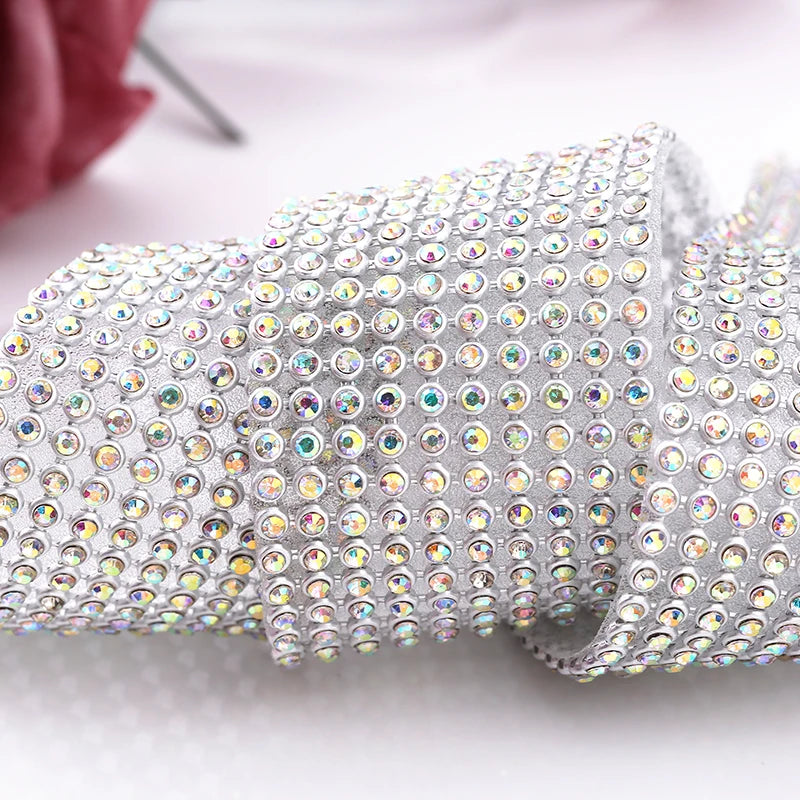 10rows Clear Crystal AB Rhinestone Trim Gold Crystal Hotfix Tape Glass Ribbon Rhinestone Decoration Iron on Garment Accessories