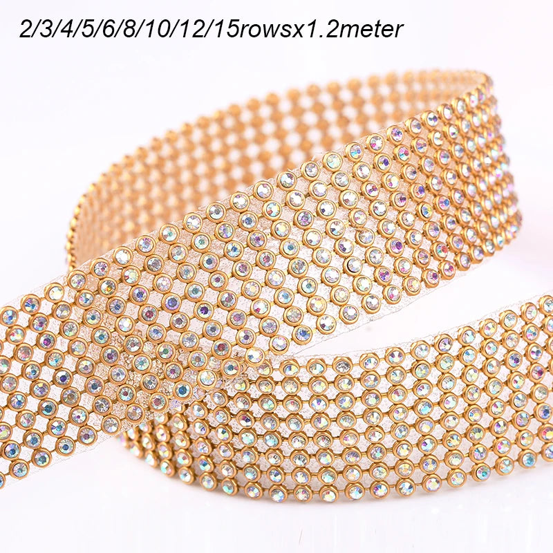 10rows Clear Crystal AB Rhinestone Trim Gold Crystal Hotfix Tape Glass Ribbon Rhinestone Decoration Iron on Garment Accessories